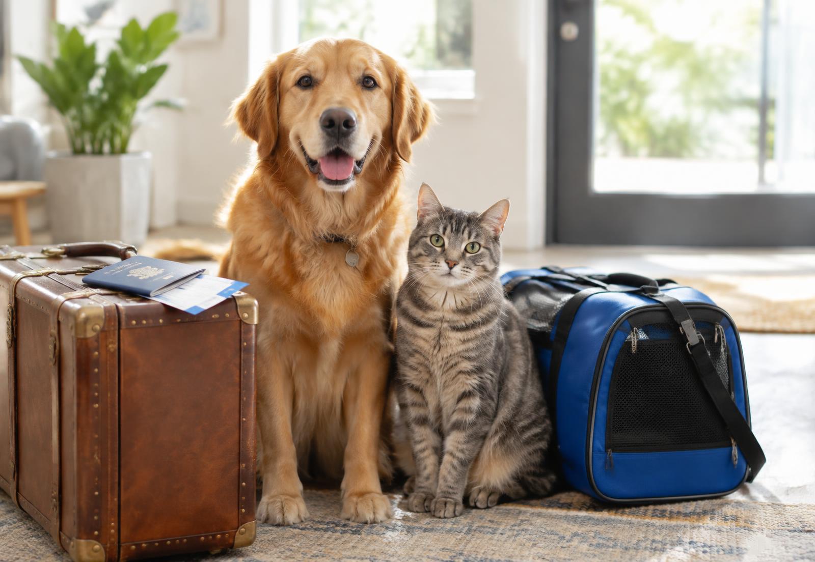 Chien et chat prêts à voyager avec leur valise et leur caisse de transport